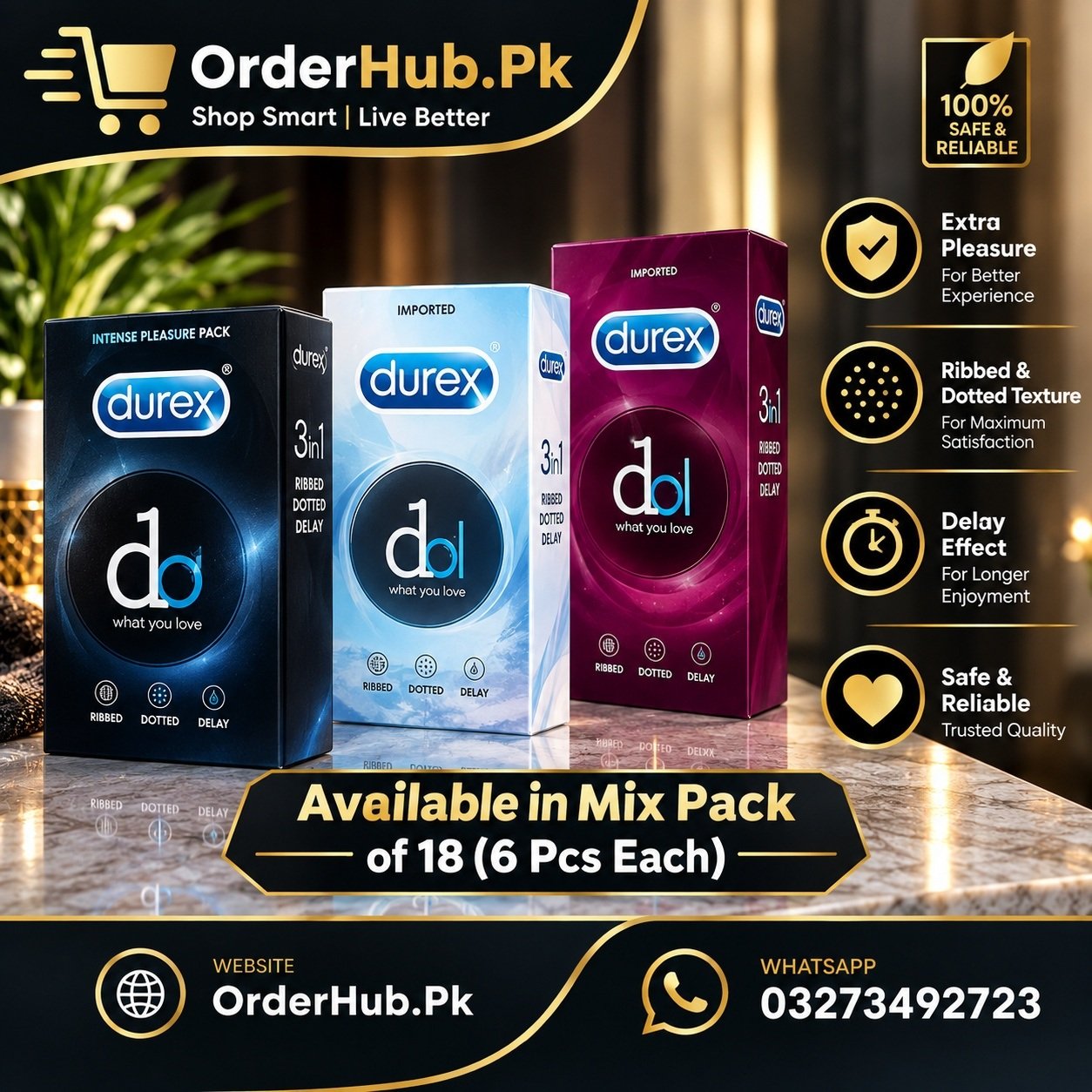 Durex Condoms Available in Mix Pack Of 18 (6 PCS Each) in Pakistan