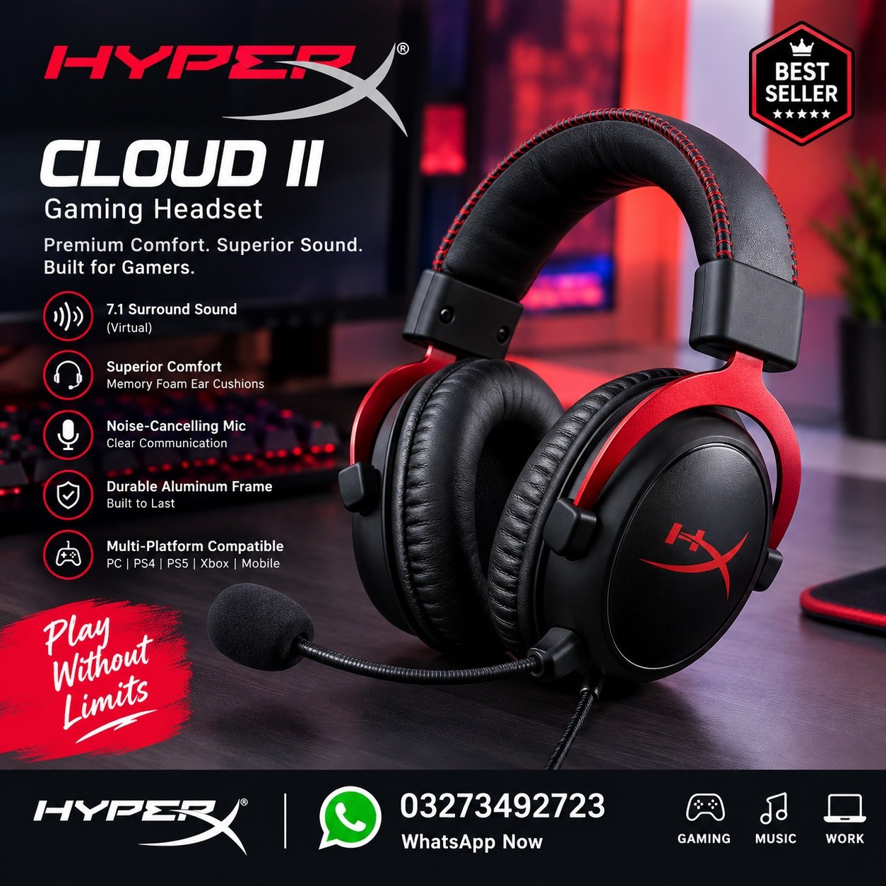 HyperX Cloud II Gaming Headset – Premium 7.1 Surround Sound Headphones with Noise-Cancelling Microphone in Pakistan